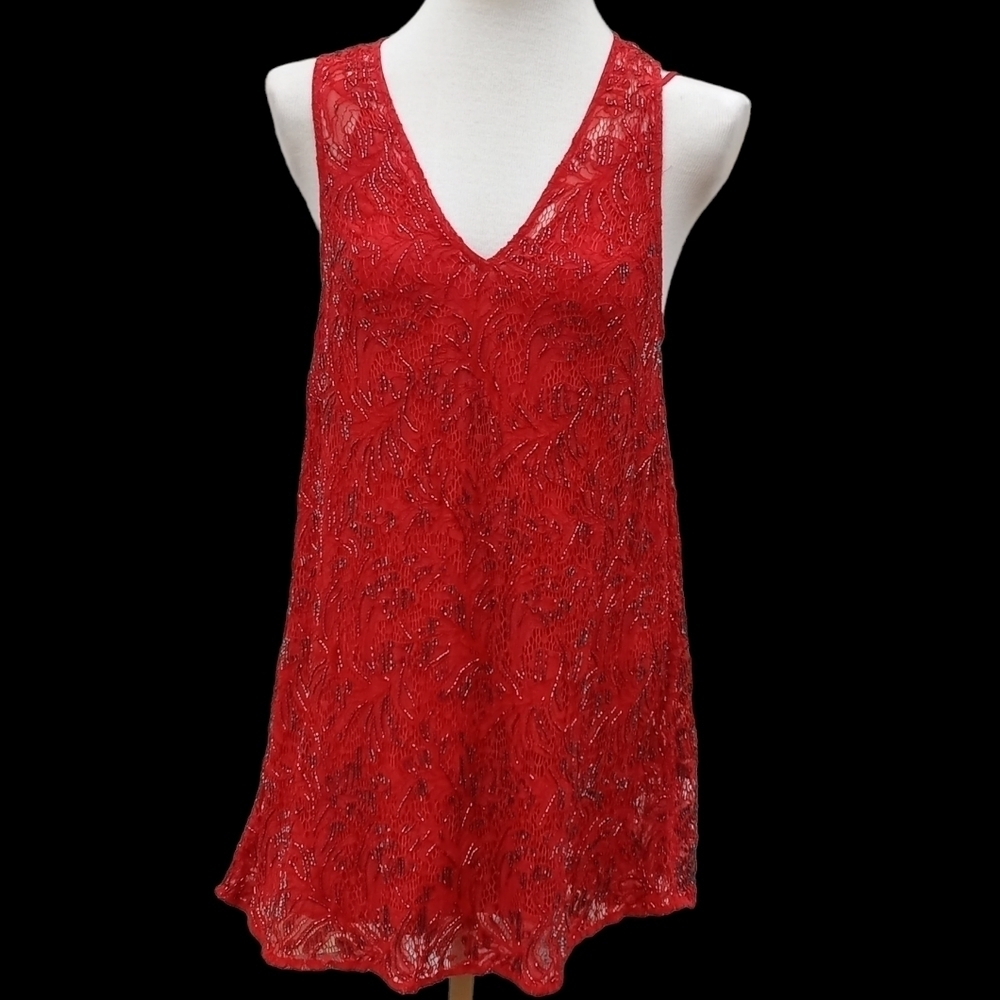 Free People Red Lace Beaded Babydoll Dress